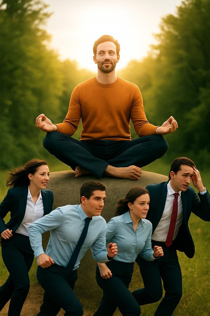 move the meditating man further back and make him smaller to match scale with rushing people, reduce stress level on rushing people's faces to look less stressed, add sun shining on the man