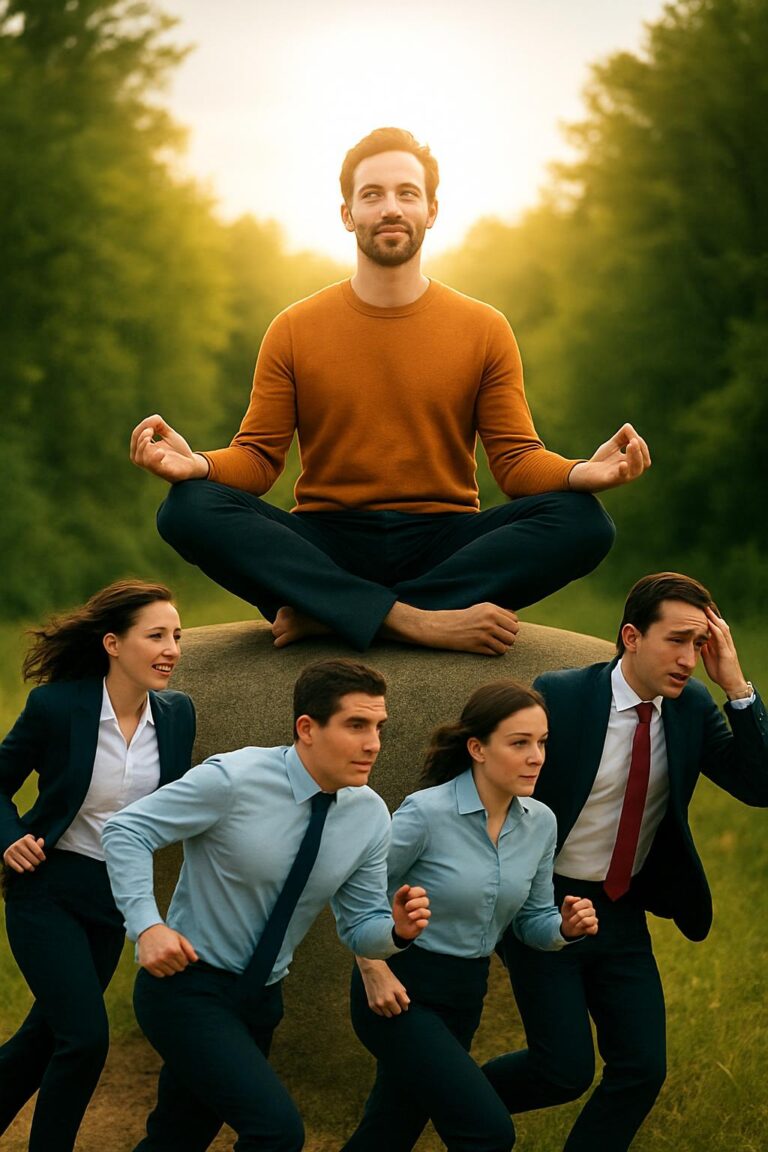 move the meditating man further back and make him smaller to match scale with rushing people, reduce stress level on rushing people's faces to look less stressed, add sun shining on the man